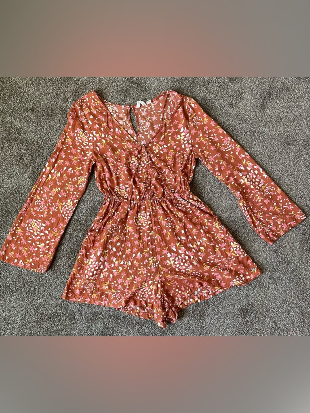 ROXY Spirit Awakes Floral Long Sleeve Romper - Rust Floral - Size Small